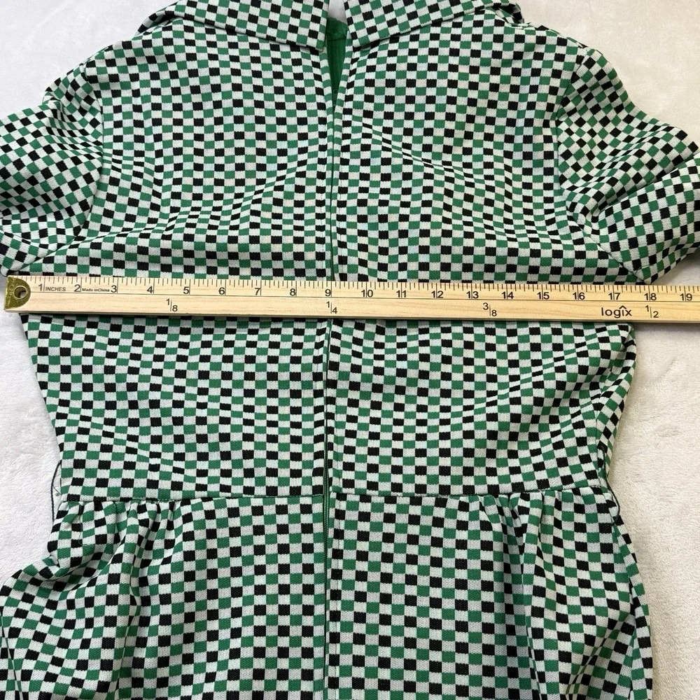 Vintage 70s Checkerboard Midi Dress Green Black Mod Disco Retro Boho - Picture 3 of 16